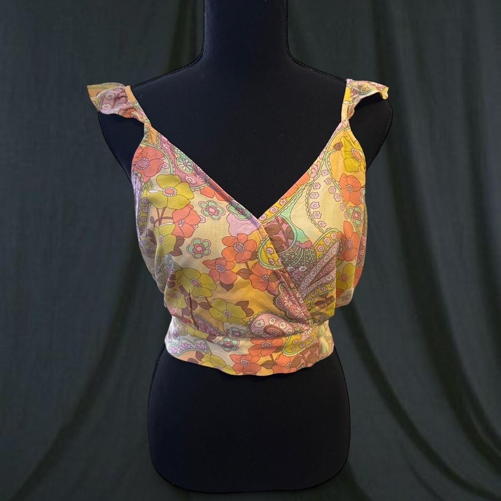 Vintage Style Floral Paisley Crop Top Yellow Pink Ruffle Tie Back Surplice Tank